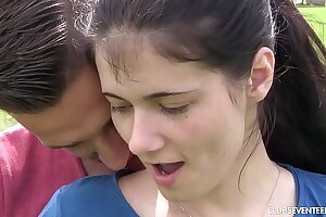 Pigtailed brunette teen gets fucked outdoors